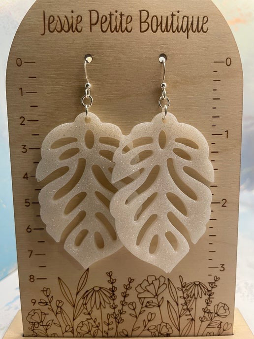 Sparkly White Long Leaf Earrings-Nickel Free