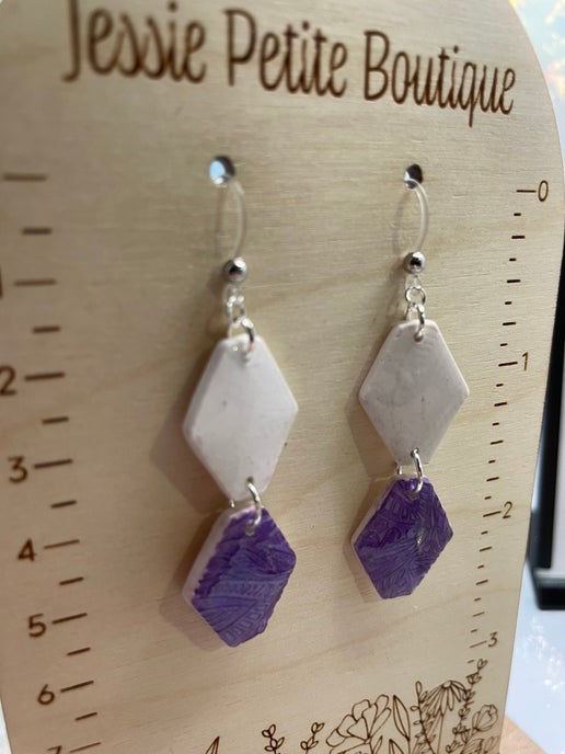 Carole: White and Purple Clay Earrings-HYPOALLERGENIC