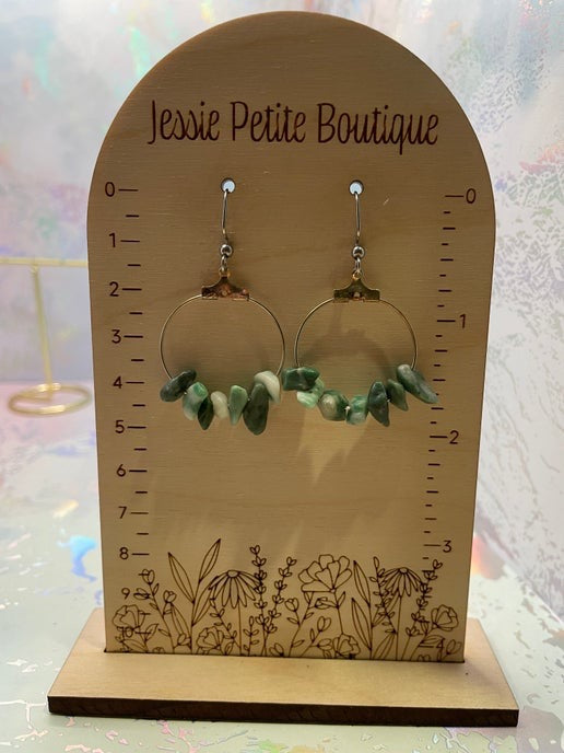 Green Gemstones Chip Beads On A Silver Hoop Earrings