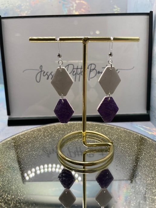 Carole: White and Purple Clay Earrings-HYPOALLERGENIC