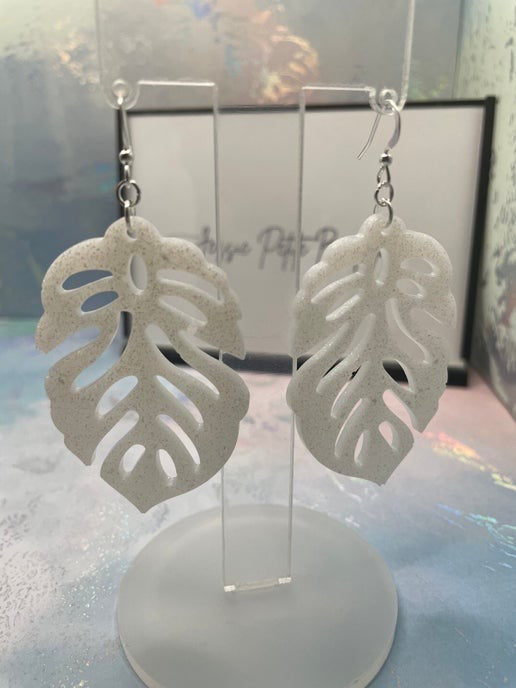 Sparkly White Long Leaf Earrings-Nickel Free