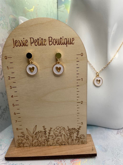 Gold Heart in round pendant Necklace & Earring Set-  Nickel Free