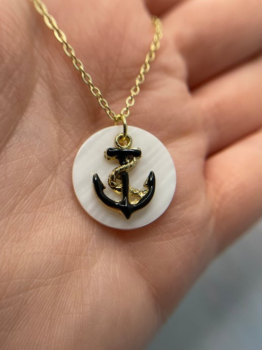 Collier ancre noire et dorée sur coquillage-23'' Sans Nickel