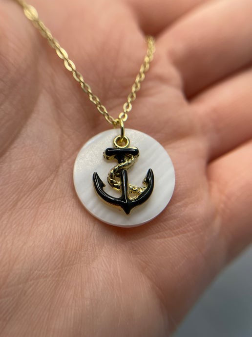 Collier ancre noire et dorée sur coquillage-23'' Sans Nickel