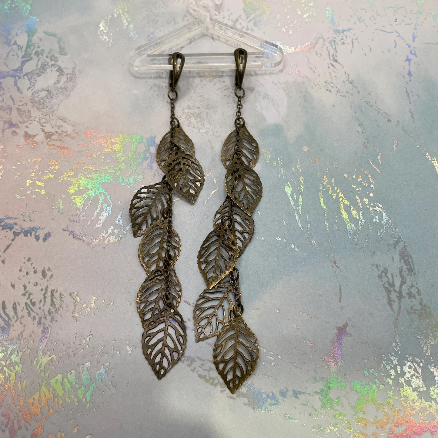 Bronze Metal Leaf 12 cm Dangle Earrings