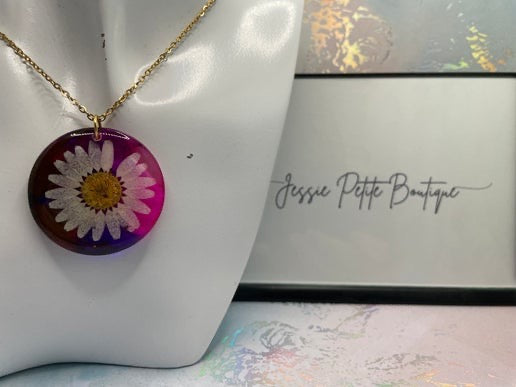 Collier avec pendentif rond marguerite rose et violet - Acier inoxydable