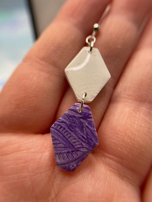 Carole: White and Purple Clay Earrings-HYPOALLERGENIC