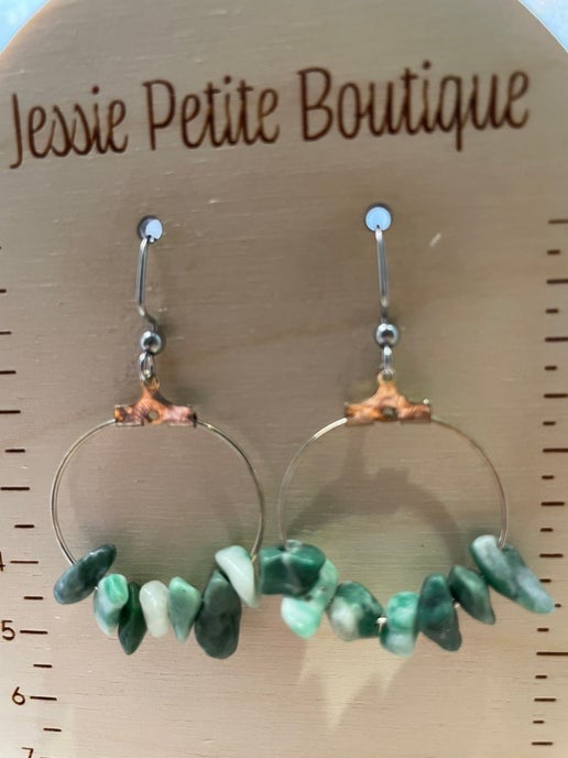 Green Gemstones Chip Beads On A Silver Hoop Earrings