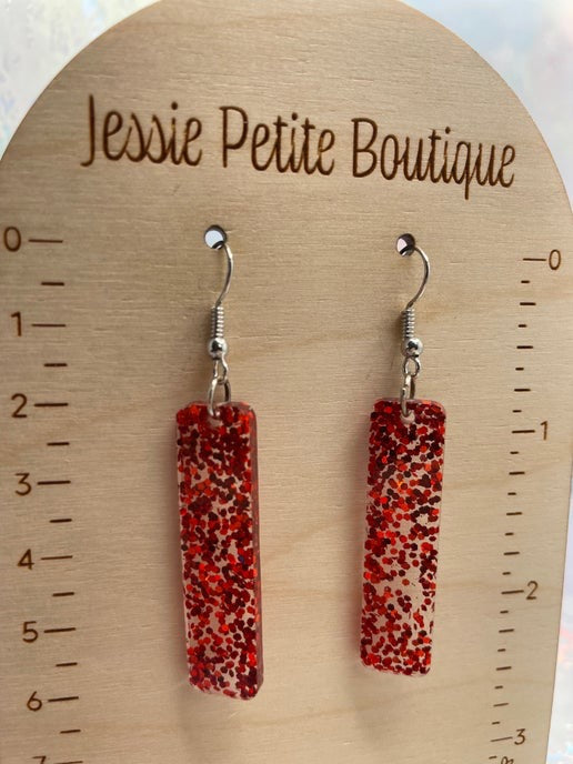Red Glitter Rectangle Earrings-Nickel Free