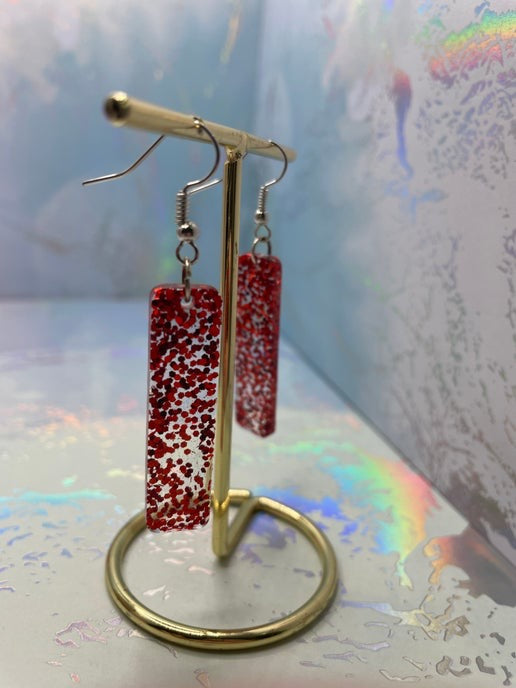 Red Glitter Rectangle Earrings-Nickel Free