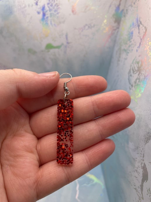 Red Glitter Rectangle Earrings-Nickel Free