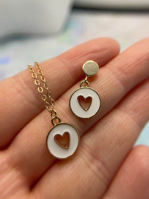 Gold Heart in round pendant Necklace & Earring Set-  Nickel Free