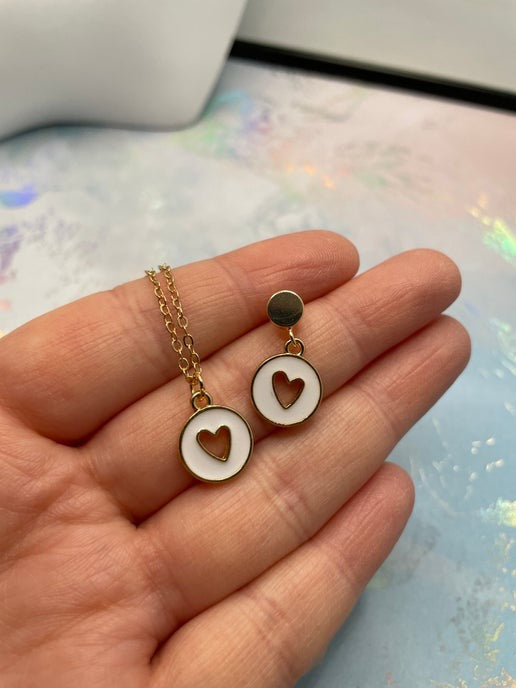 Gold Heart in round pendant Necklace & Earring Set-  Nickel Free