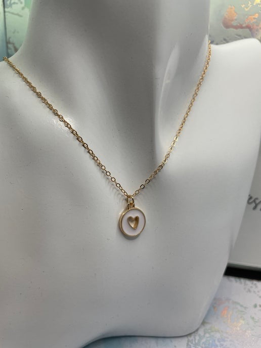 Gold Heart in round pendant Necklace & Earring Set-  Nickel Free