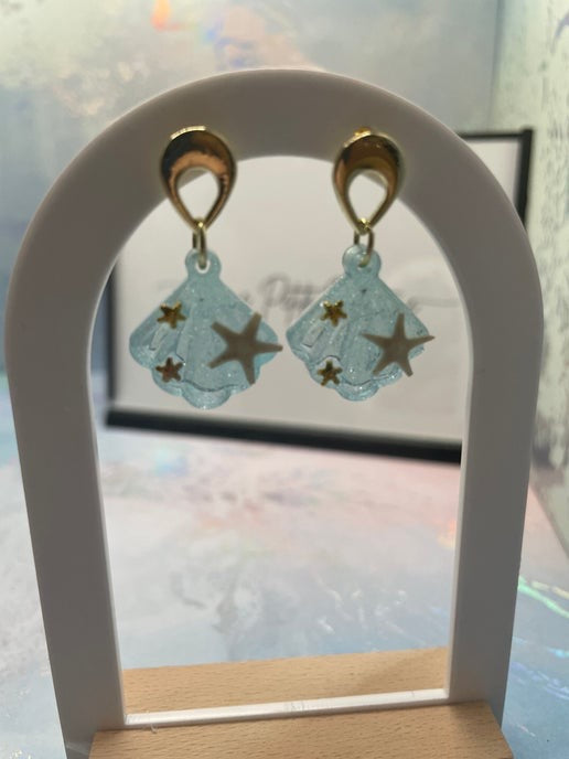 Small Sparkle Blue Shell Earrings With Starfish