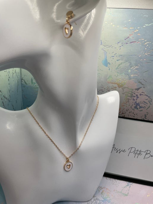 Gold Heart in round pendant Necklace & Earring Set-  Nickel Free