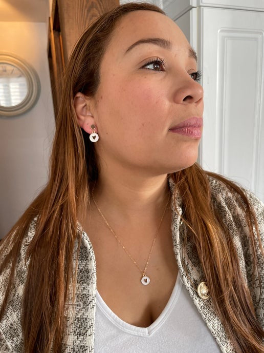 Gold Heart in round pendant Necklace & Earring Set-  Nickel Free