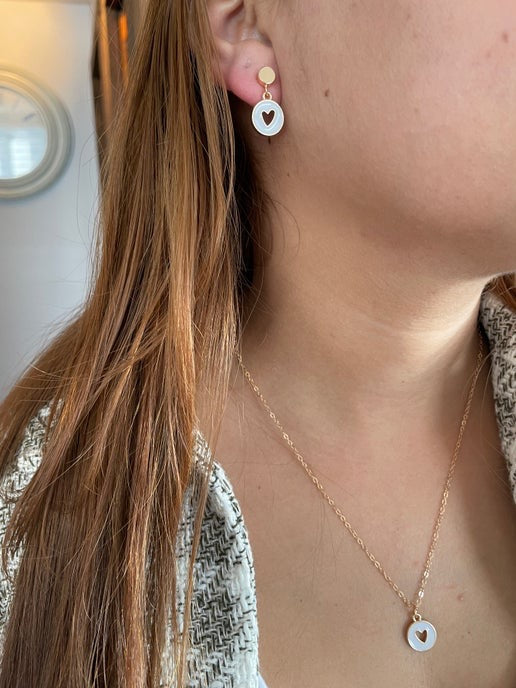 Gold Heart in round pendant Necklace & Earring Set-  Nickel Free