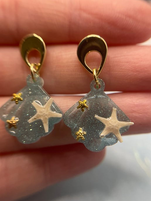 Small Sparkle Blue Shell Earrings With Starfish