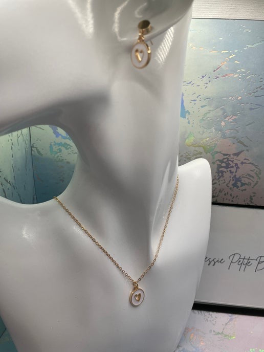 Gold Heart in round pendant Necklace & Earring Set-  Nickel Free
