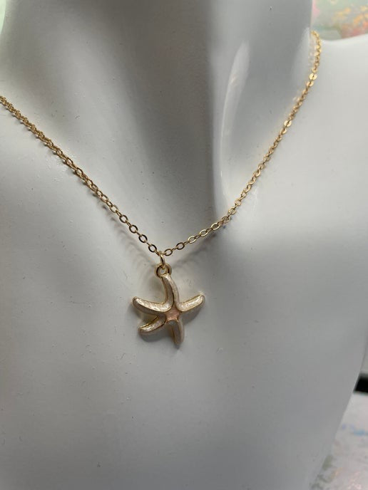 Pink Enamel Starfish Necklace-19''- Nickel Free