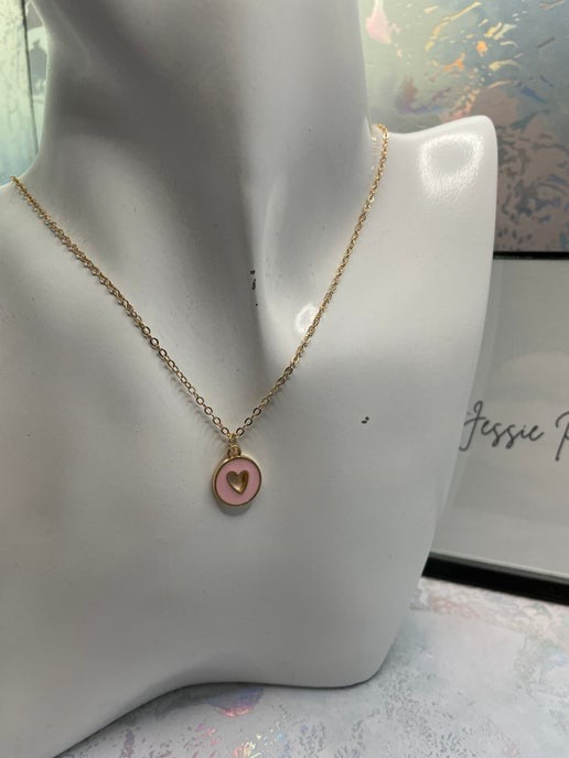 Gold Heart in round pendant Necklace & Earring Set-  Nickel Free