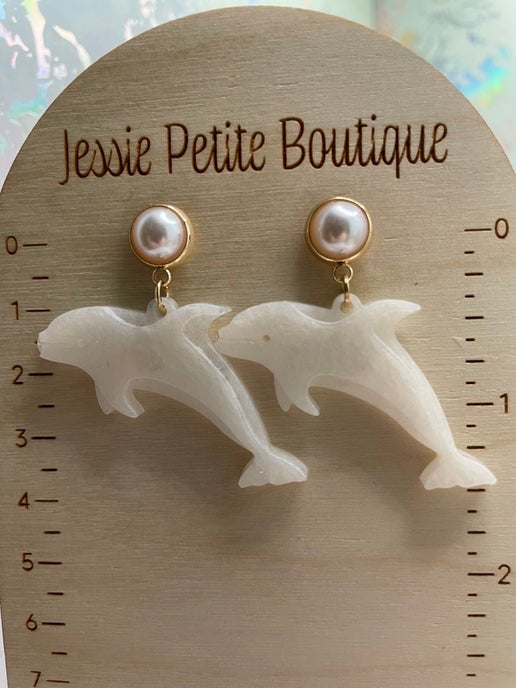 White Resin Dolphin Earrings With Gold+Pearl Stud