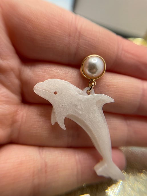 White Resin Dolphin Earrings With Gold+Pearl Stud