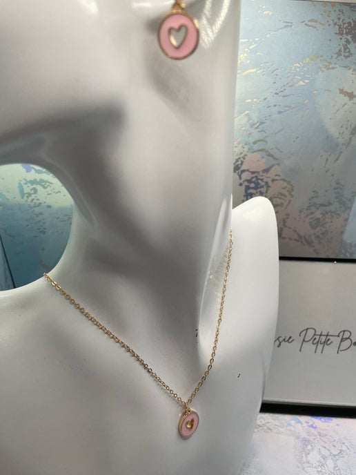 Gold Heart in round pendant Necklace & Earring Set-  Nickel Free