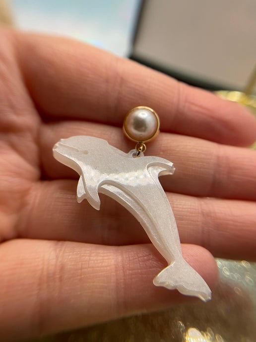 White Resin Dolphin Earrings With Gold+Pearl Stud
