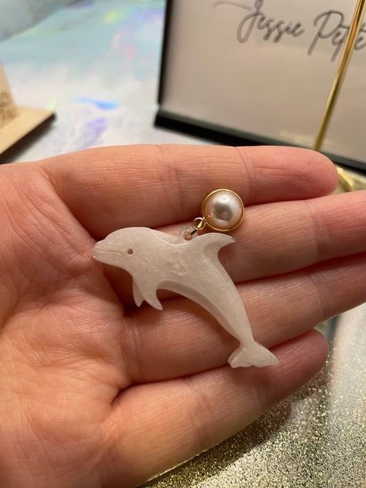 White Resin Dolphin Earrings With Gold+Pearl Stud