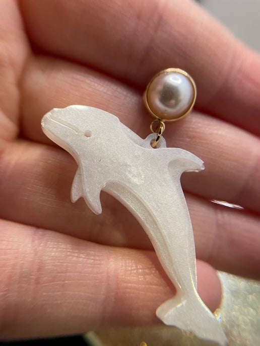 White Resin Dolphin Earrings With Gold+Pearl Stud