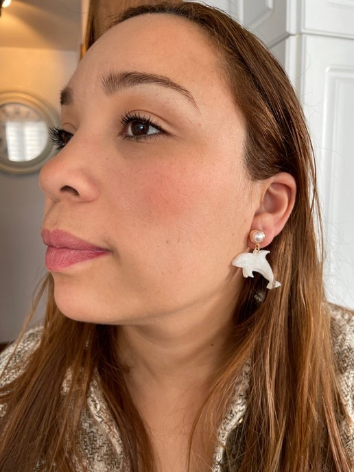 White Resin Dolphin Earrings With Gold+Pearl Stud