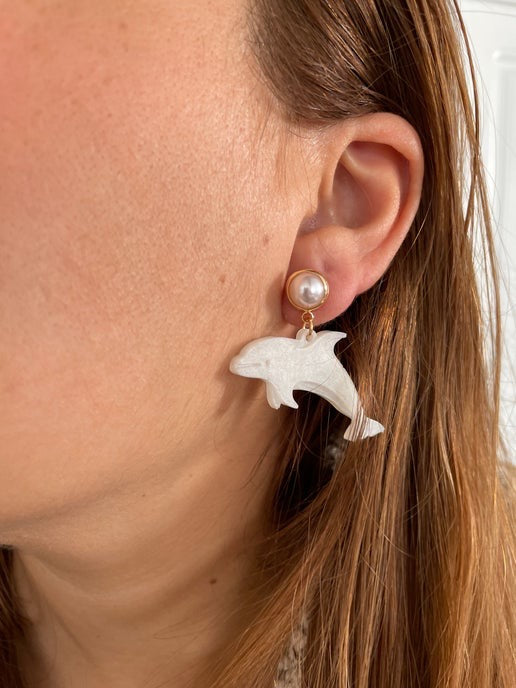 White Resin Dolphin Earrings With Gold+Pearl Stud