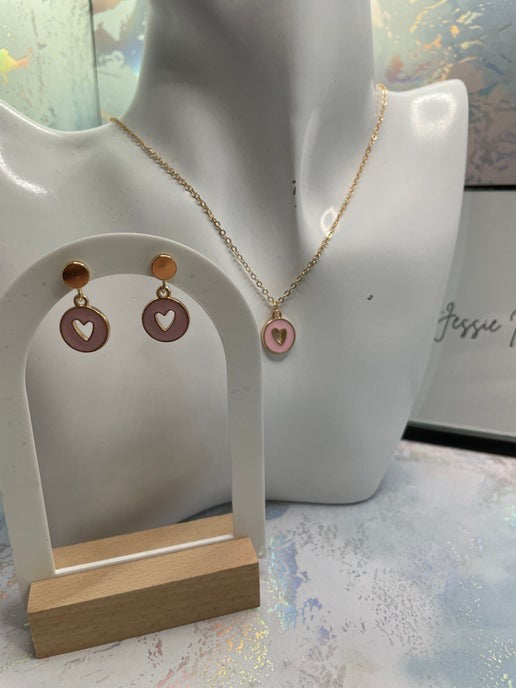 Gold Heart in round pendant Necklace & Earring Set-  Nickel Free