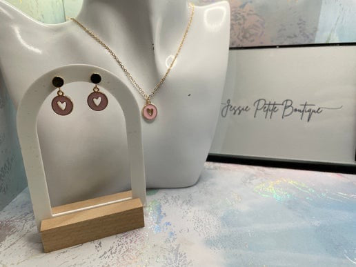 Gold Heart in round pendant Necklace & Earring Set-  Nickel Free