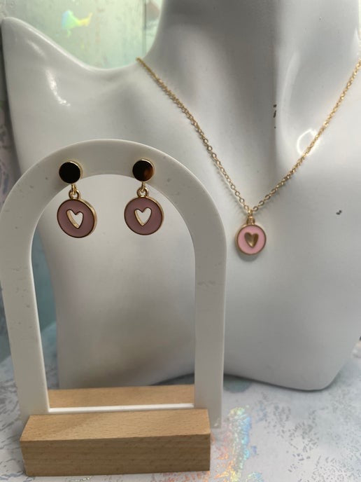 Gold Heart in round pendant Necklace & Earring Set-  Nickel Free