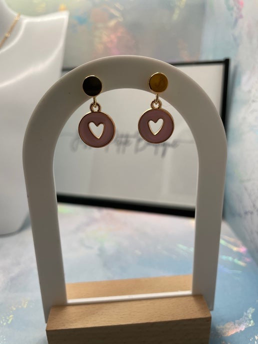 Gold Heart in round pendant Necklace & Earring Set-  Nickel Free