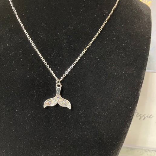 Whale Tail with Rhinestone Necklace – 18’’ Silver Chain (Nickel Free)
