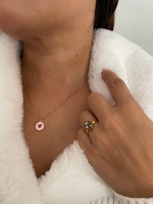 Gold Heart in round pendant Necklace & Earring Set-  Nickel Free