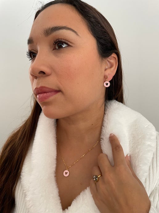 Gold Heart in round pendant Necklace & Earring Set-  Nickel Free