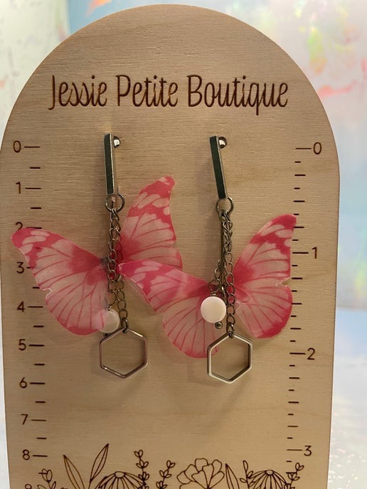 Boucles d'oreilles papillon rose + petit coquillage-Acier inoxydable