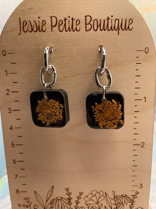 Black & Orange Pressed Flower Square Resin Earrings