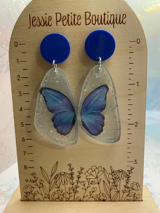 Blue Sparkle Butterfly Earrings with Blue Stud - Nickel Free