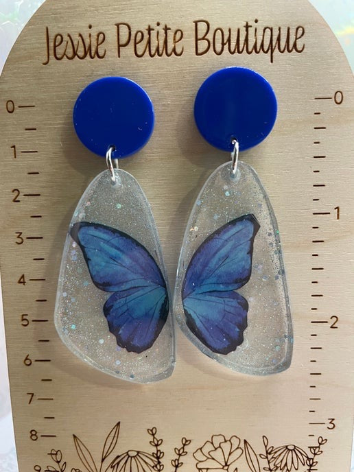 Blue Sparkle Butterfly Earrings with Blue Stud - Nickel Free