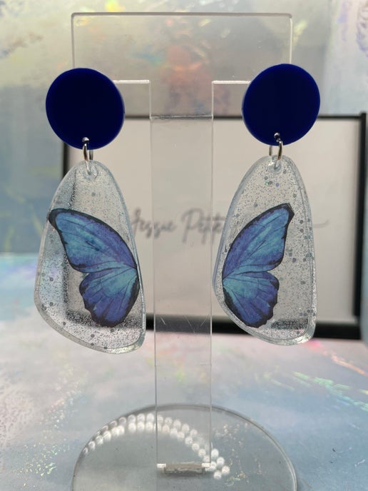 Blue Sparkle Butterfly Earrings with Blue Stud - Nickel Free