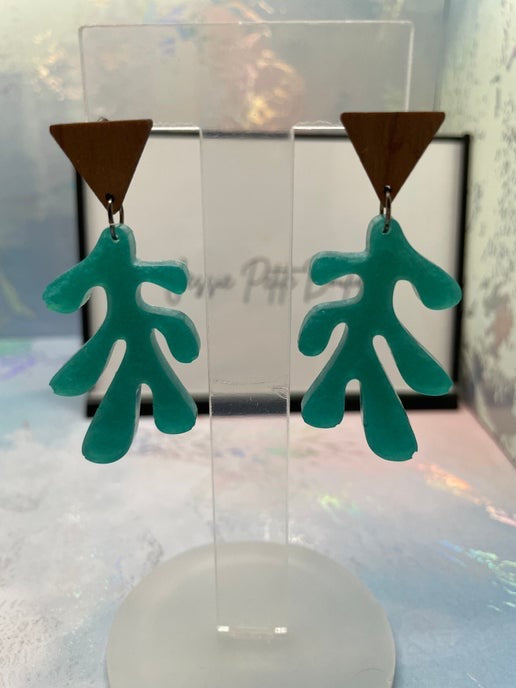 Léa : sarcelle + bouton d'oreille bois triangle -Acier inoxydable