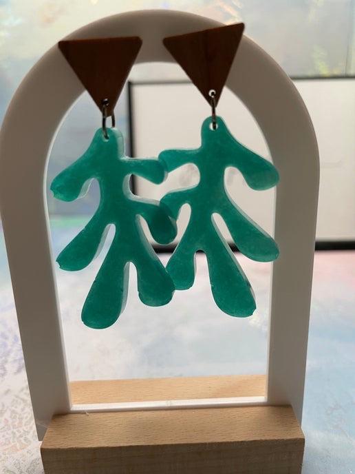 Léa : sarcelle + bouton d'oreille bois triangle -Acier inoxydable