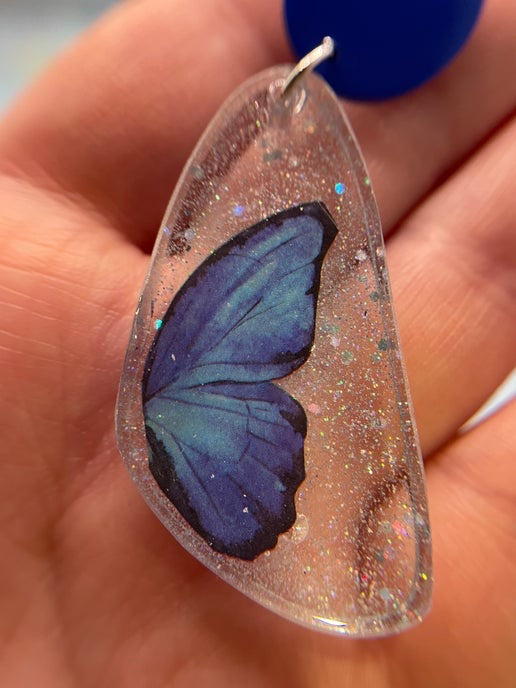 Blue Sparkle Butterfly Earrings with Blue Stud - Nickel Free