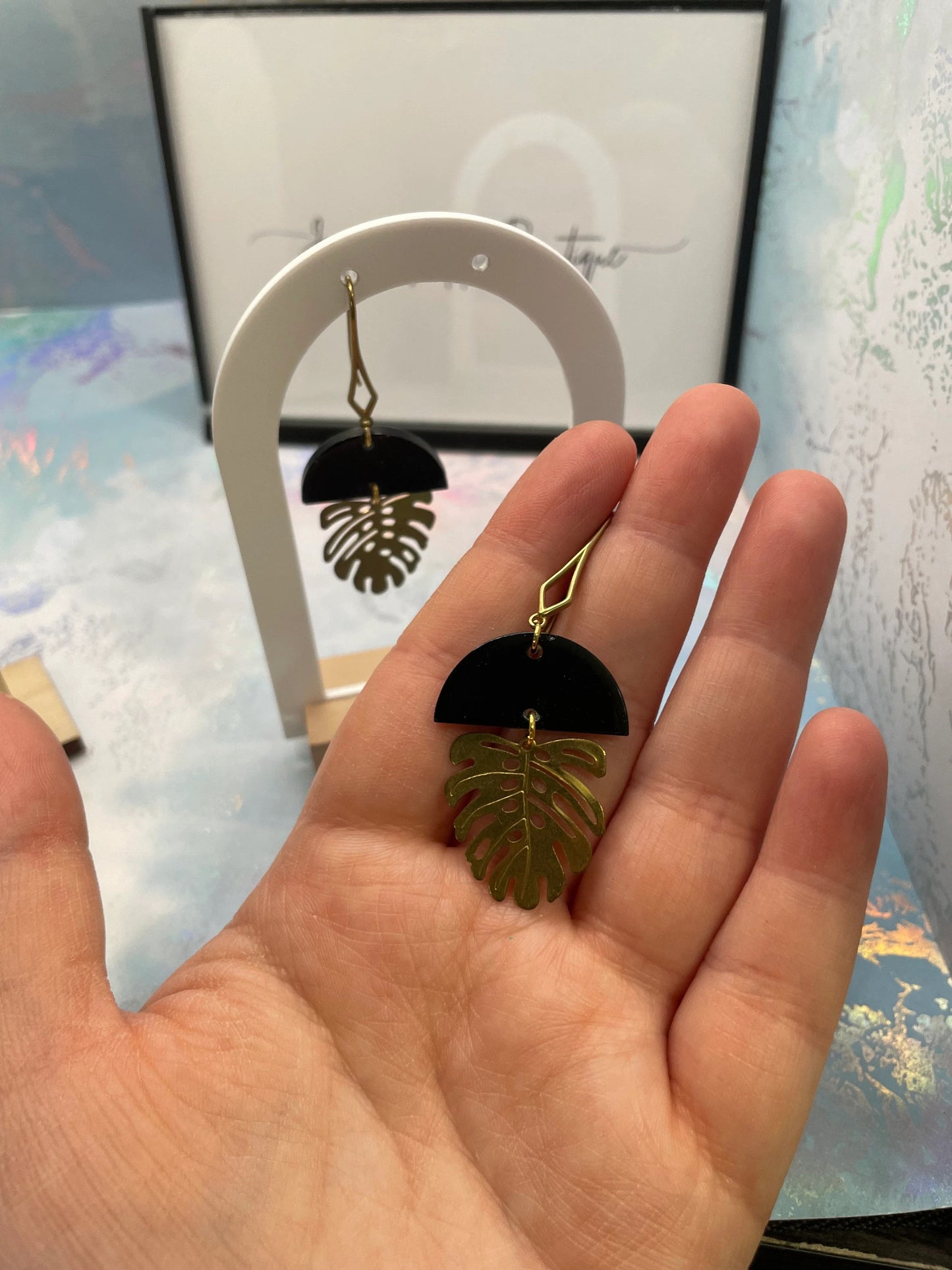 Black & Gold Monstera Earrings -Nickel Free